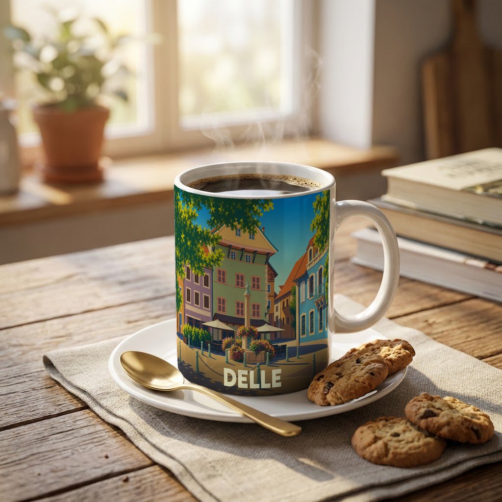 Mug souvenir de la ville de Delle avec une illustration stylisée d'une place colorée.
