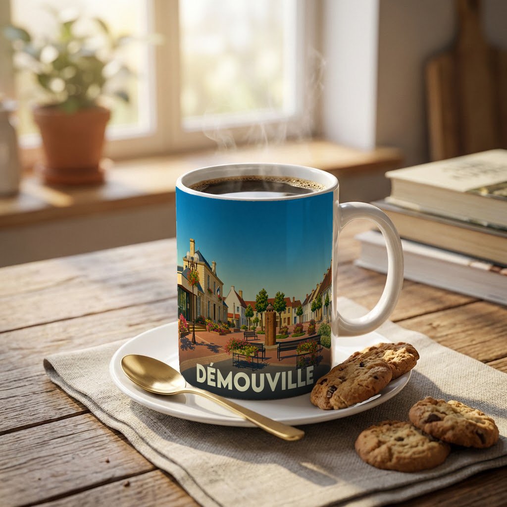 Mug souvenir de la ville de Démouville avec une illustration stylisée d'une place ensoleillée.