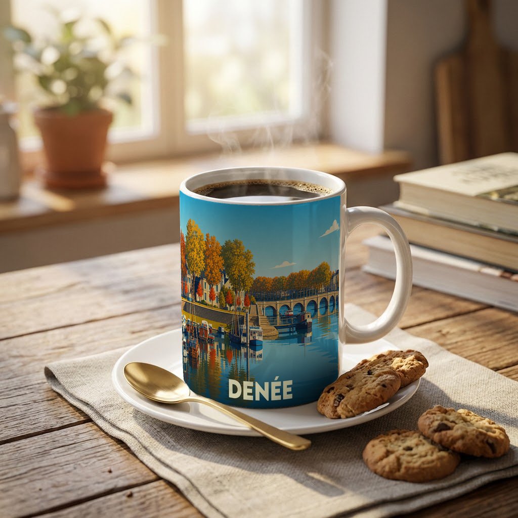 Mug souvenir de la ville de Denée orné d'une illustration stylisée de son paysage fluvial en automne.