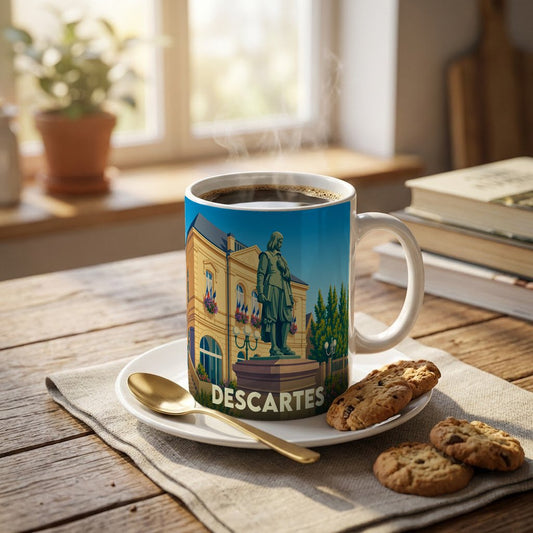 Mug souvenir de la ville de Descartes avec une illustration stylisée d'une statue devant un bâtiment historique.