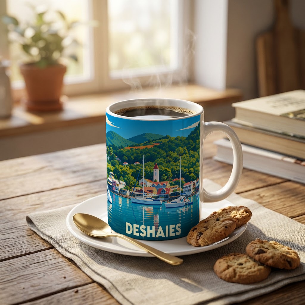 Mug souvenir de la ville de Deshaies orné d'une illustration stylisée de son port et de ses collines verdoyantes.