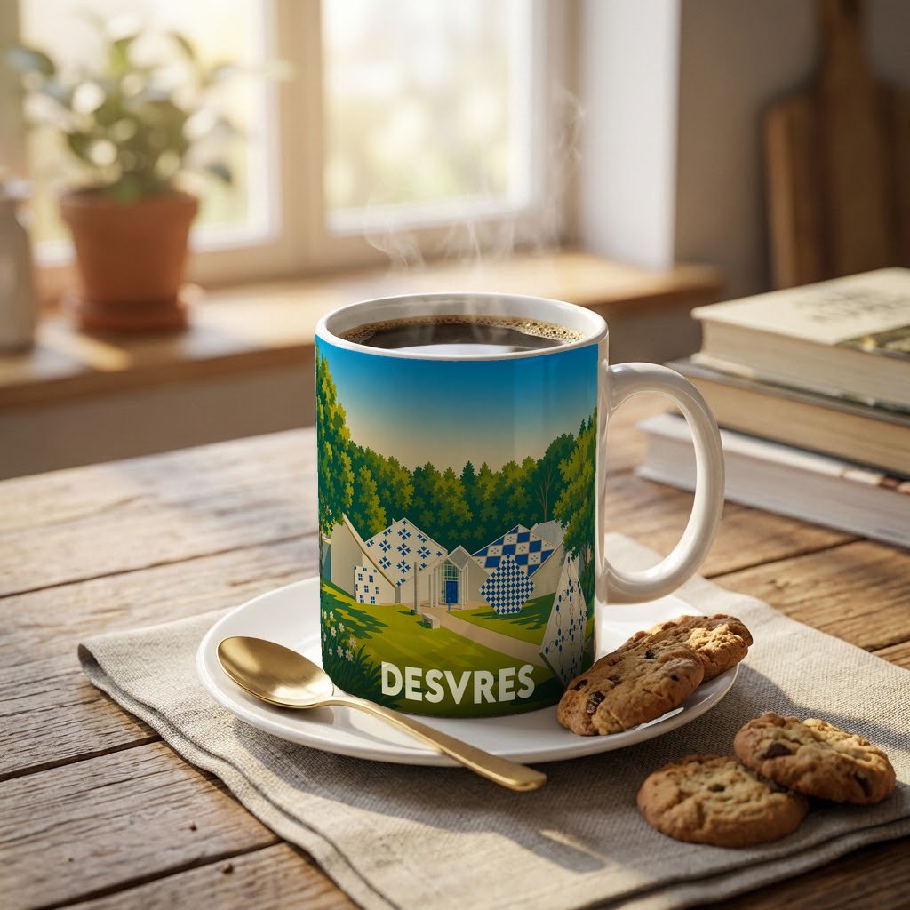 Mug souvenir de la ville de Desvres avec une illustration stylisée et colorée.