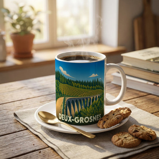 Mug souvenir de la ville de Deux-Grosnes orné d'une illustration stylisée représentant un viaduc et des paysages verdoyants.