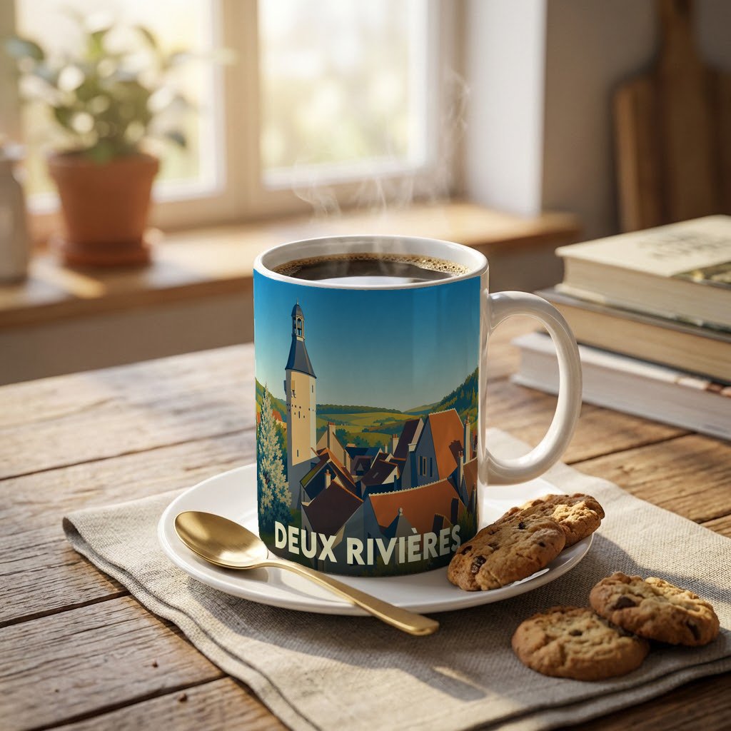 Mug souvenir de la ville de Deux Rivières illustré d'un paysage urbain stylisé.