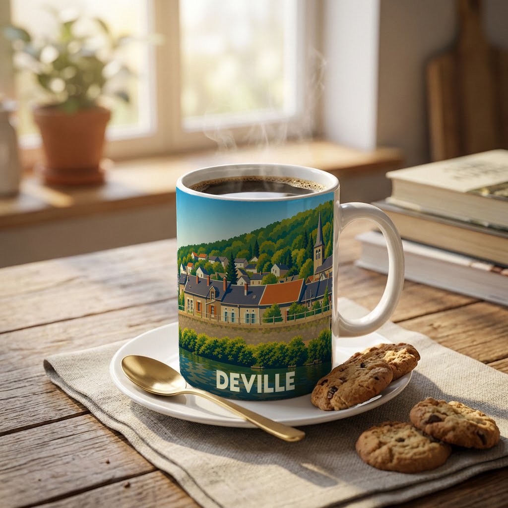 Mug souvenir de la ville de Deville avec une illustration stylisée.