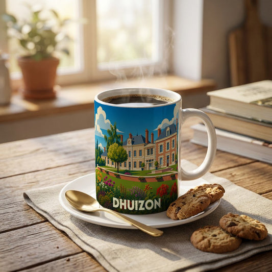 Mug souvenir de la ville de Dhuizon illustré d'un manoir entouré de jardins fleuris.