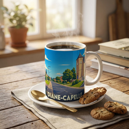 Mug souvenir de la ville de Diane-Capelle avec une illustration stylisée d'un paysage urbain.