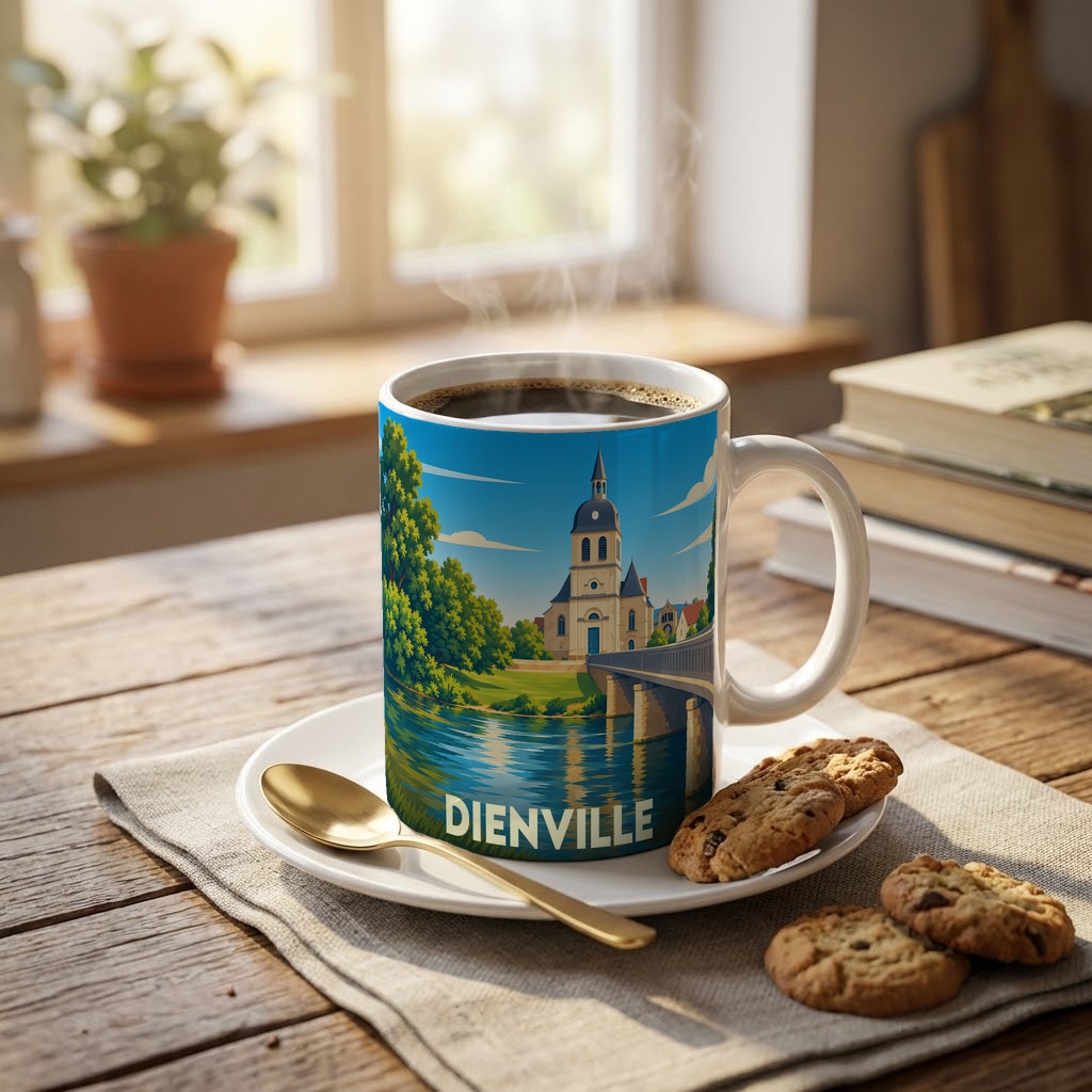 Mug souvenir de la ville de Dienville orné d'une illustration stylisée représentant son église et son pont.