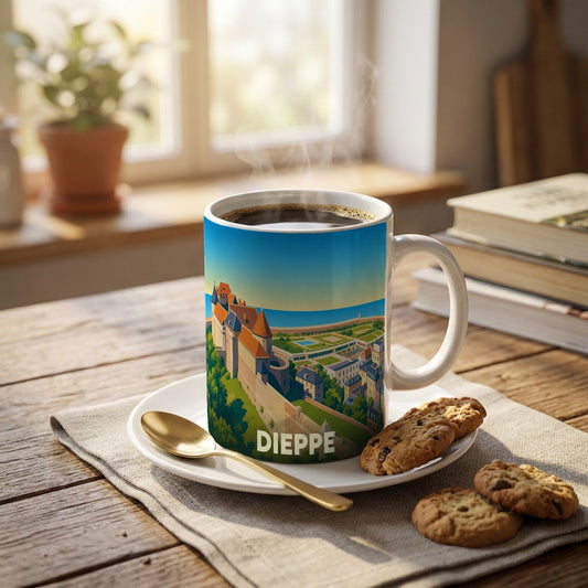 Mug souvenir de la ville de Dieppe avec une illustration stylisée de son château et de son front de mer.