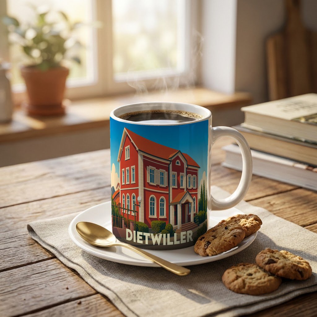 Mug souvenir de la ville de Dietwiller avec une illustration colorée d'un bâtiment typique.