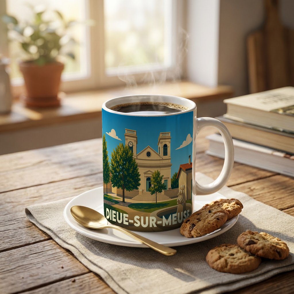 Mug souvenir de la ville de Dieue-sur-Meuse avec une illustration stylisée d'un bâtiment historique.