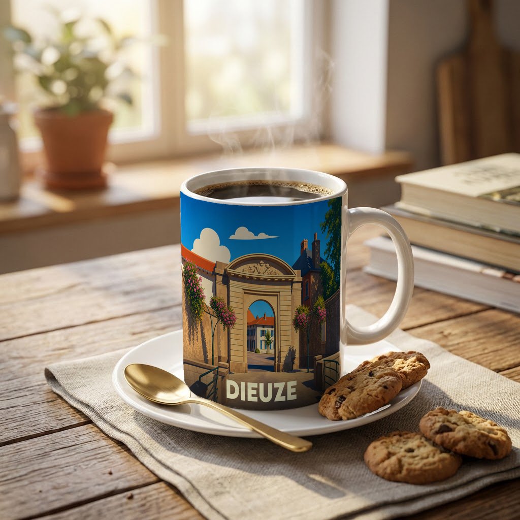 Mug souvenir de la ville de Dieuze avec une illustration stylisée d'un portail historique.