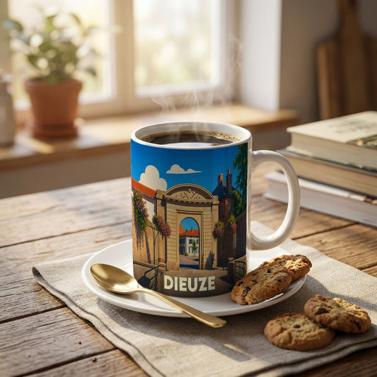 Mug souvenir de la ville de Dieuze avec une illustration stylisée d'un portail historique.