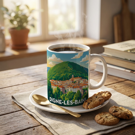 Mug souvenir de la ville de Digne-les-Bains avec une illustration stylisée de son paysage.