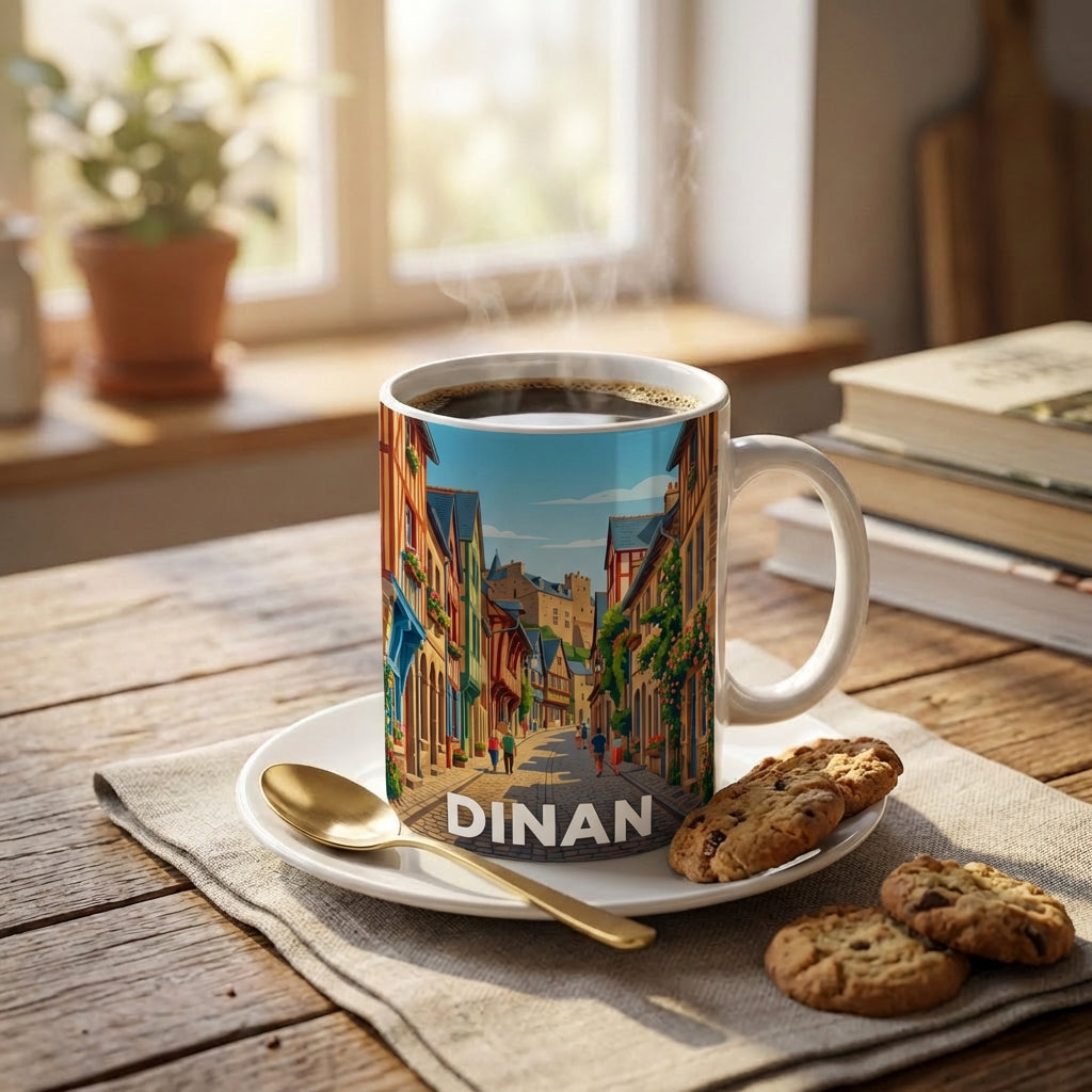 Mug souvenir de la ville de Dinan avec une illustration stylisée de ses rues pittoresques.