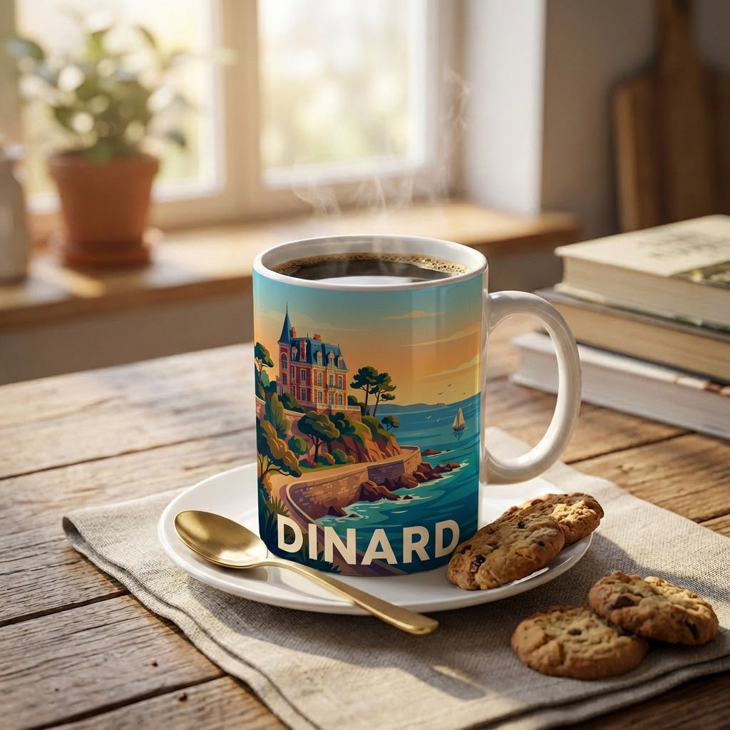 Mug souvenir de la ville de Dinard avec une illustration stylisée de son littoral.
