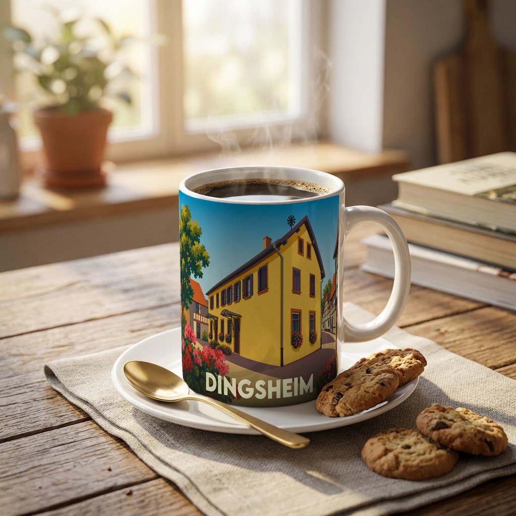Mug souvenir de la ville de Dingsheim orné d'une illustration colorée d'une maison alsacienne.