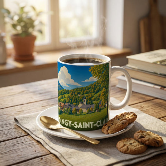 Mug souvenir de la ville de Dingy-Saint-Clair avec une illustration stylisée de son paysage montagneux.