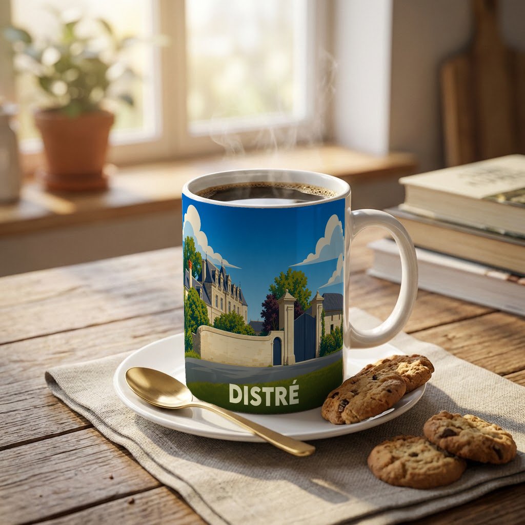 Mug souvenir de la ville de Distré avec une illustration stylisée d'un château.