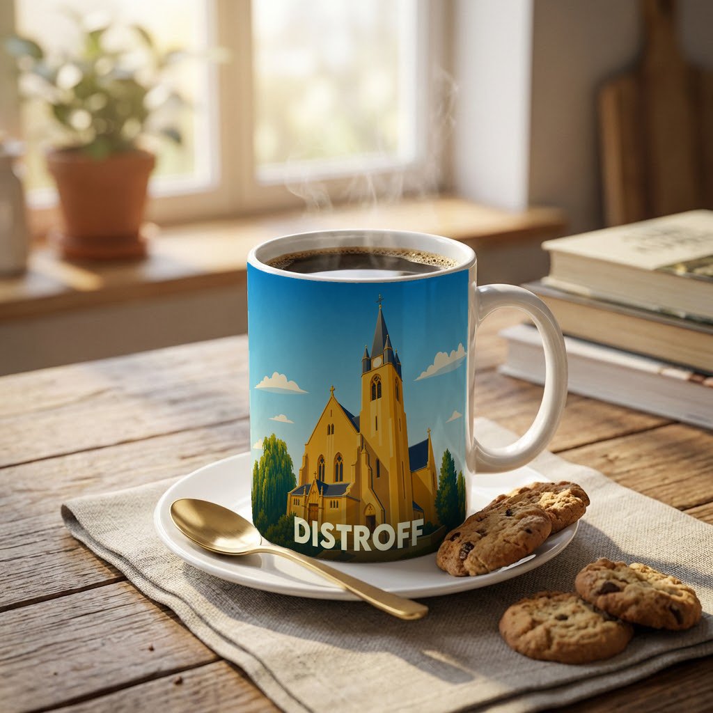 Mug souvenir de la ville de Distroff orné d'une illustration stylisée de son église.