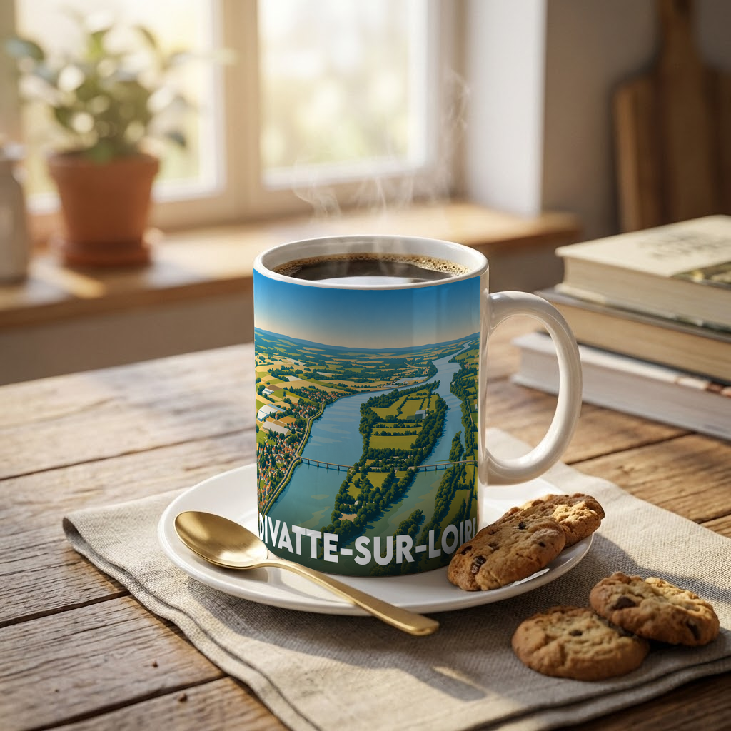 Mug souvenir de la ville de Divatte-sur-Loire orné d'une illustration paysagère de la Loire.