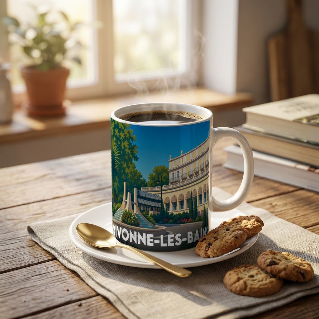 Mug souvenir de la ville de Divonne-les-Bains avec une illustration stylisée.