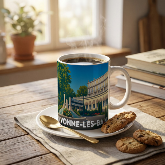 Mug souvenir de la ville de Divonne-les-Bains avec une illustration stylisée.
