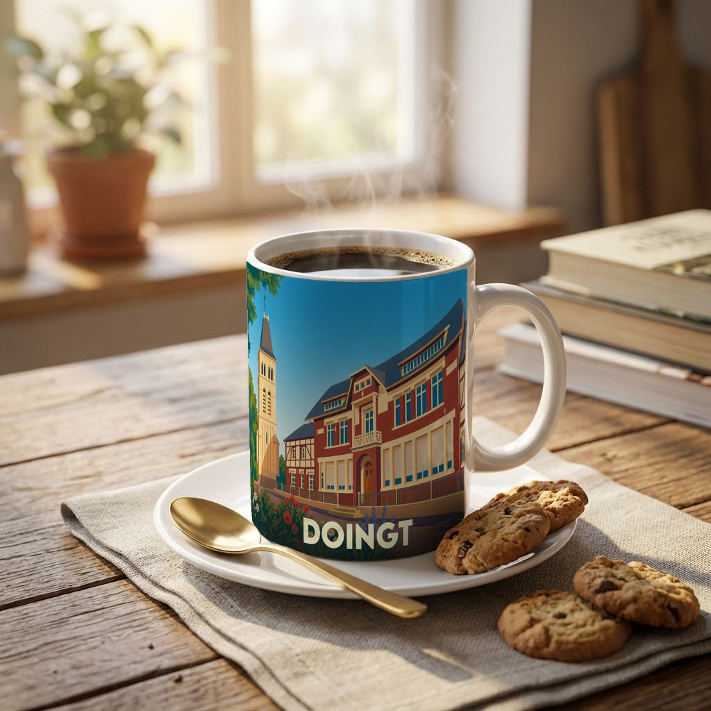Mug souvenir de la ville de Doingt orné d'une illustration stylisée de son architecture.
