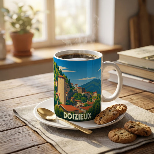 Mug souvenir de la ville de Doizieux illustré d'un paysage de village pittoresque.