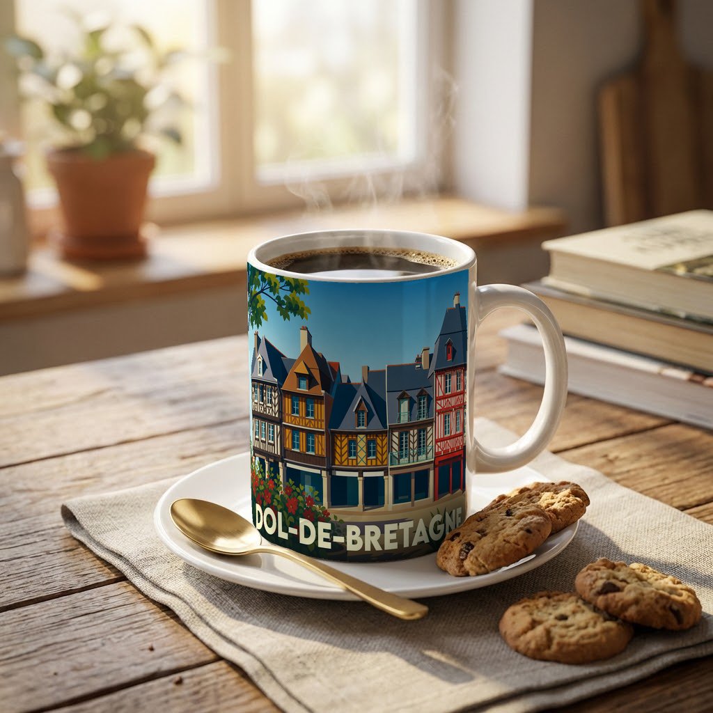Mug souvenir de la ville de Dol-de-Bretagne orné d'une illustration stylisée de maisons à colombages.