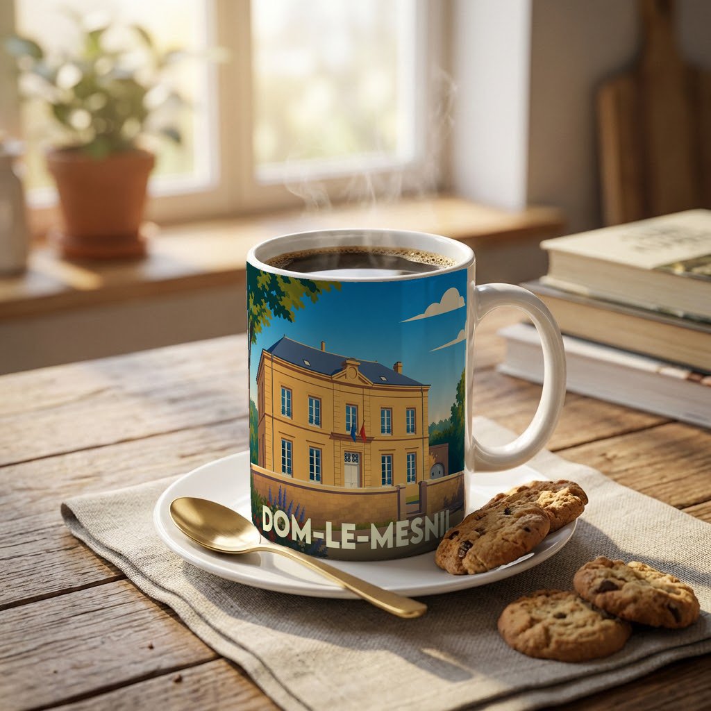 Mug souvenir de la ville de Dom-le-Mesnil avec une illustration stylisée de sa mairie.