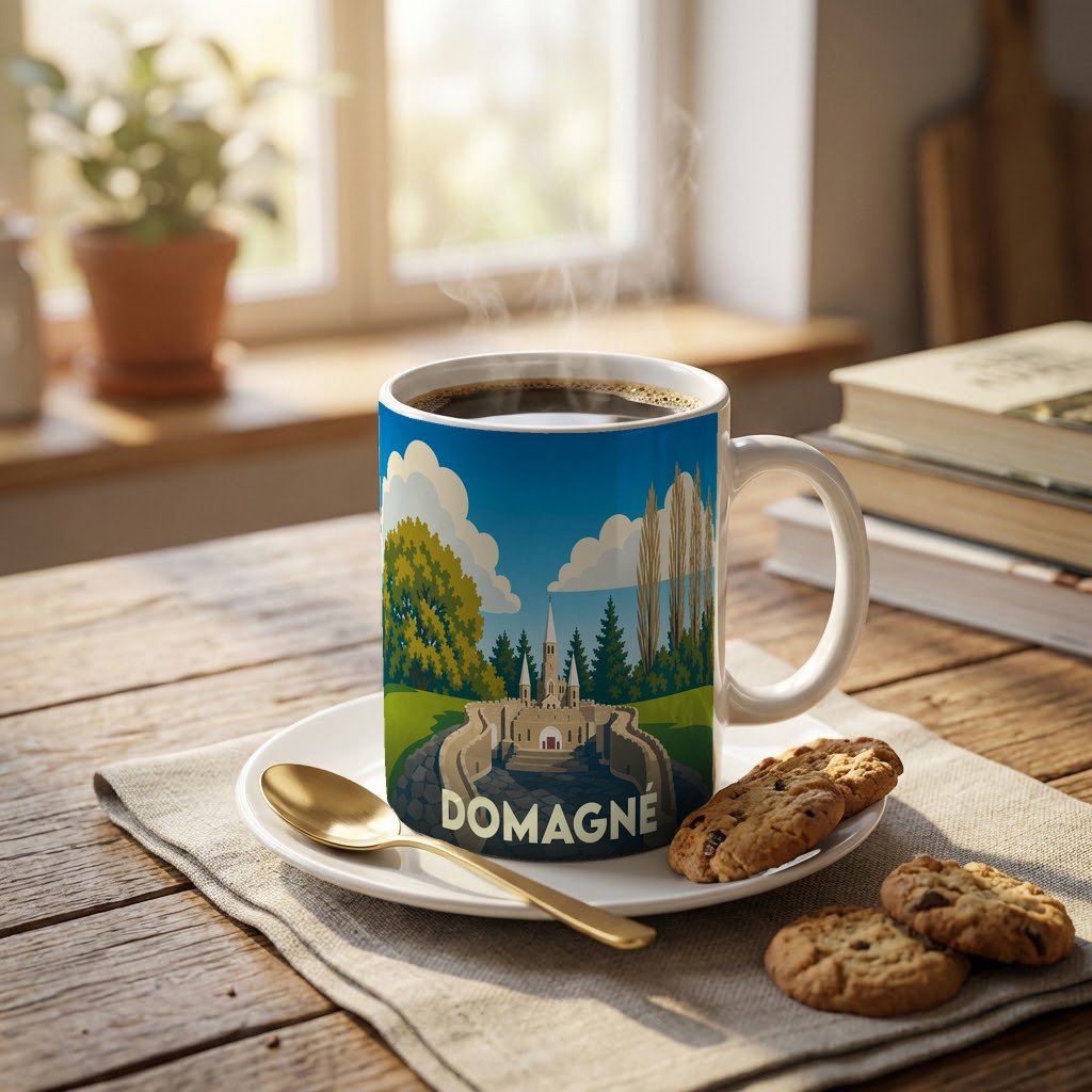Mug souvenir de la ville de Domagné avec une illustration stylisée.