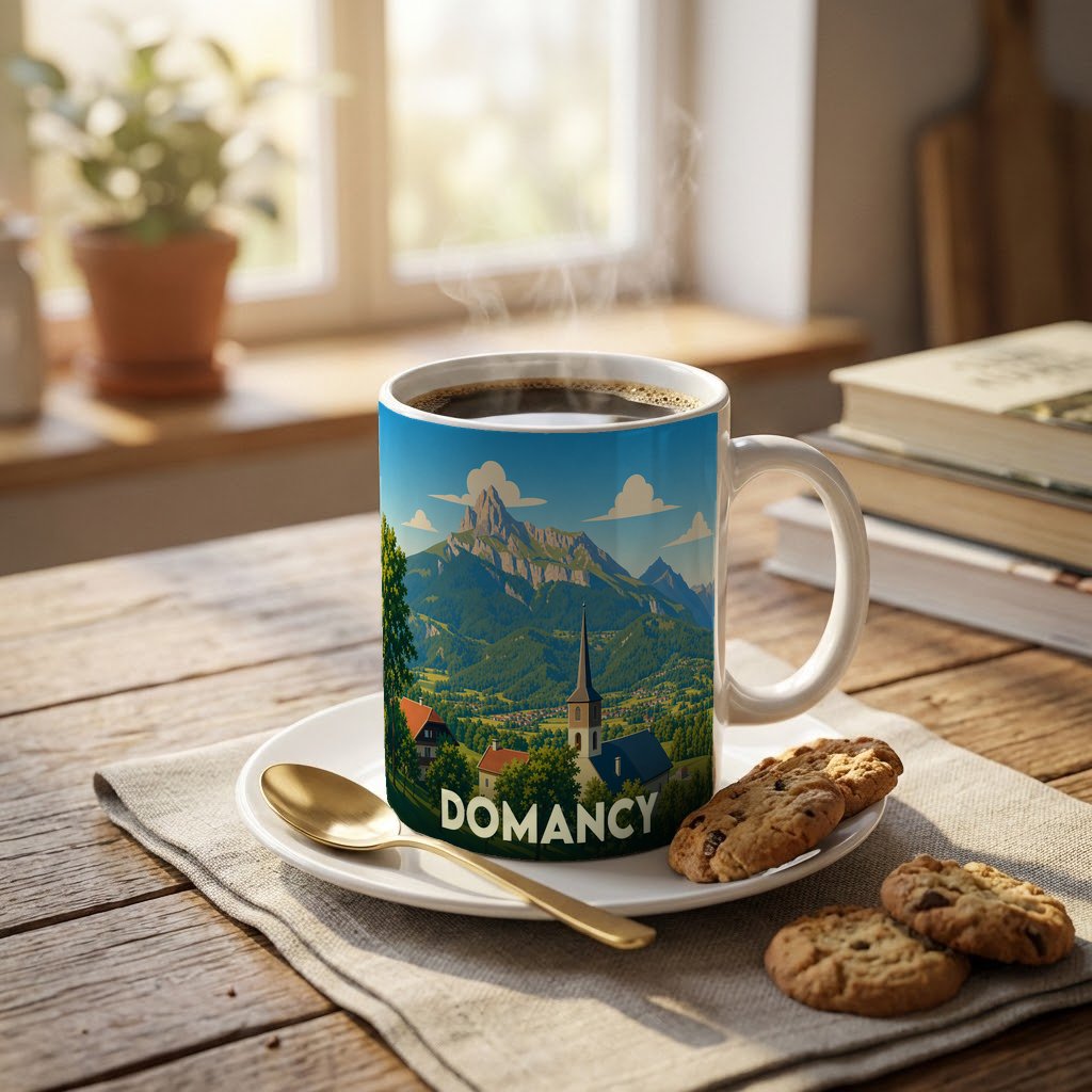 Mug souvenir de la ville de Domancy orné d'une illustration stylisée de ses paysages montagneux.