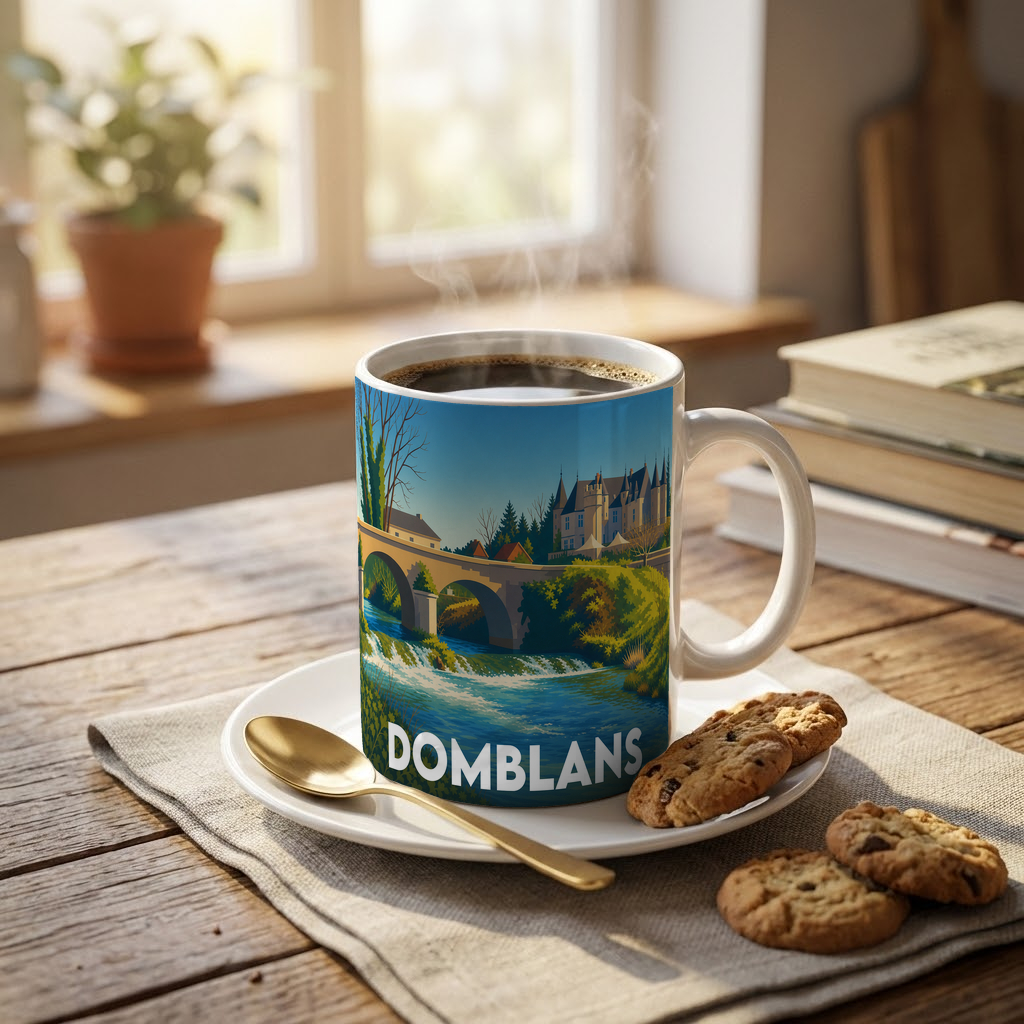 Mug souvenir de la ville de Domblans avec une illustration stylisée.