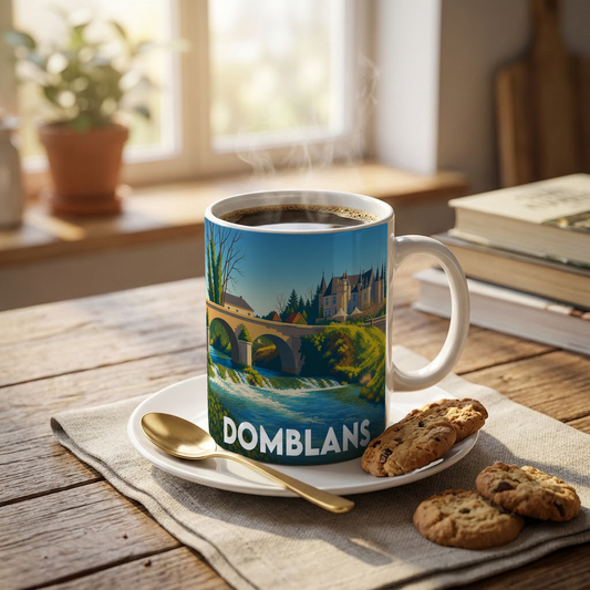 Mug souvenir de la ville de Domblans avec une illustration stylisée.