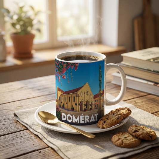 Mug souvenir de la ville de Domérat orné d'une illustration stylisée de son patrimoine.