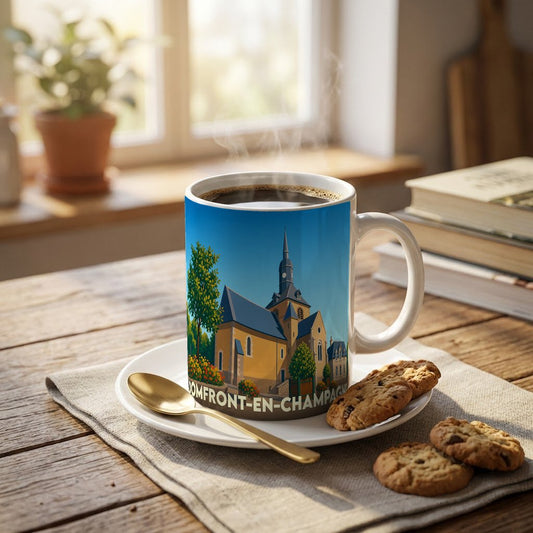 Mug souvenir de la ville de Domfront-en-Champagne avec une illustration stylisée de son église.