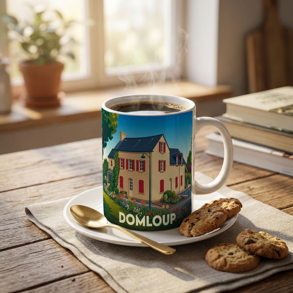 Mug souvenir de la ville de Domloup orné d'une illustration stylisée d'une maison traditionnelle.