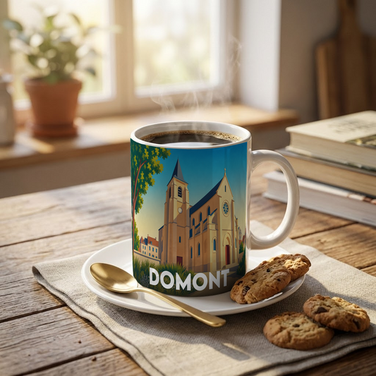 Mug souvenir de la ville de Domont avec une illustration stylisée de son église.