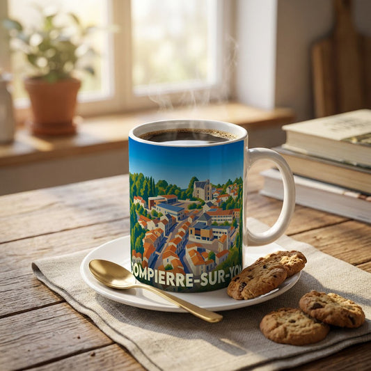 Mug souvenir de la ville de Dompierre-sur-Yon avec une illustration stylisée et colorée.