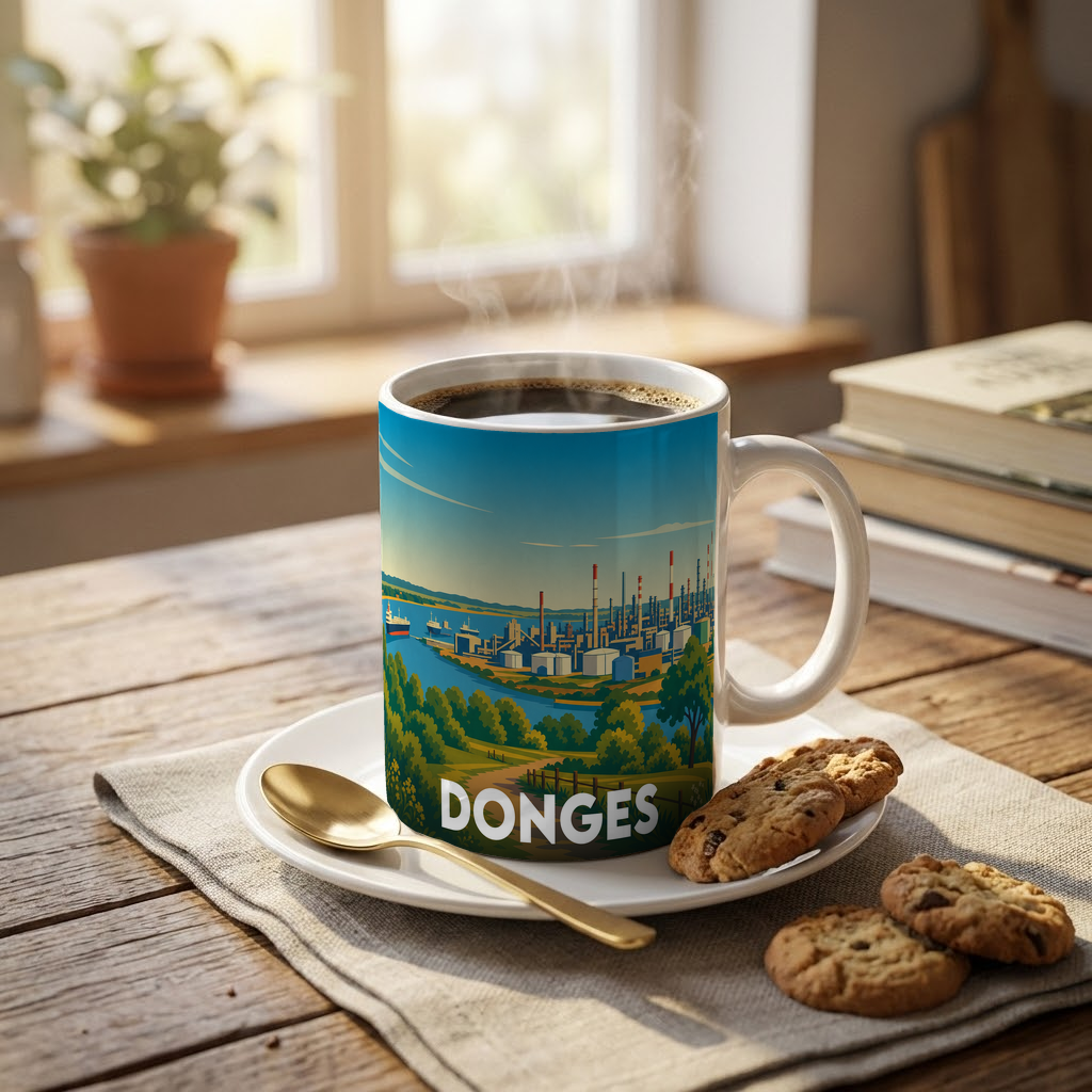 Mug souvenir de la ville de Donges orné d'une illustration stylisée de son paysage industriel et fluvial.