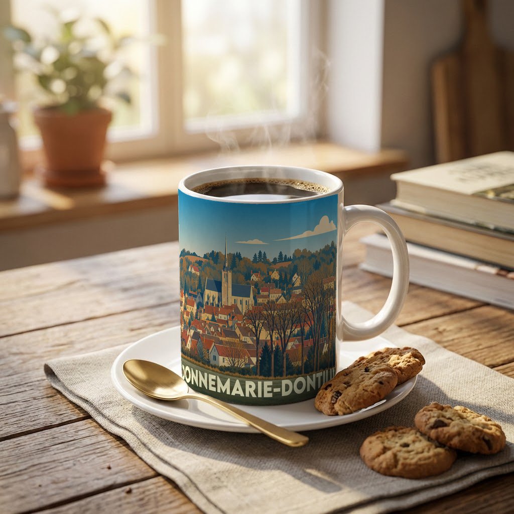 Mug souvenir de la ville de Donnemarie-Dontilly avec une illustration stylisée de son paysage urbain.