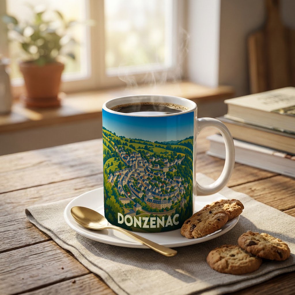 Mug souvenir de la ville de Donzenac avec une illustration stylisée d'un village vallonné.