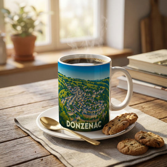Mug souvenir de la ville de Donzenac avec une illustration stylisée d'un village vallonné.