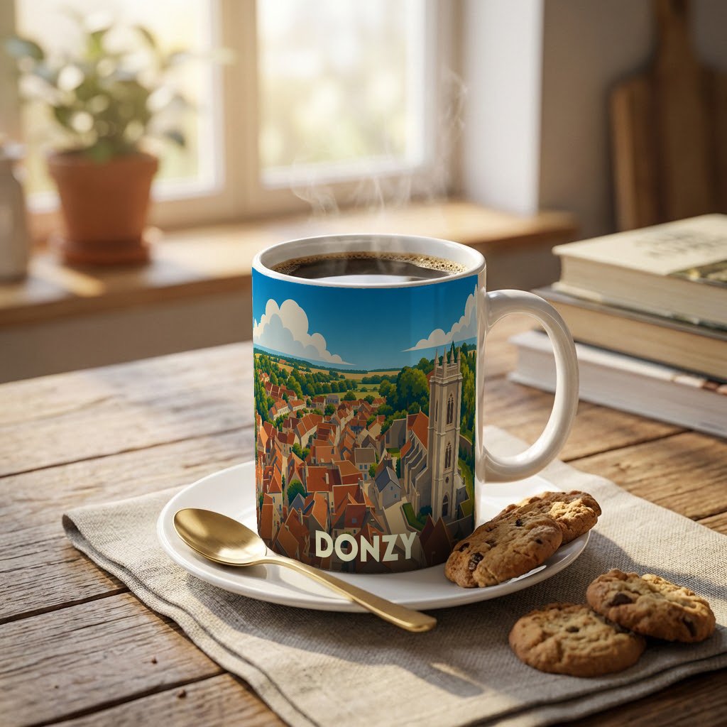 Mug souvenir de la ville de Donzy avec une illustration stylisée d'un paysage urbain historique.
