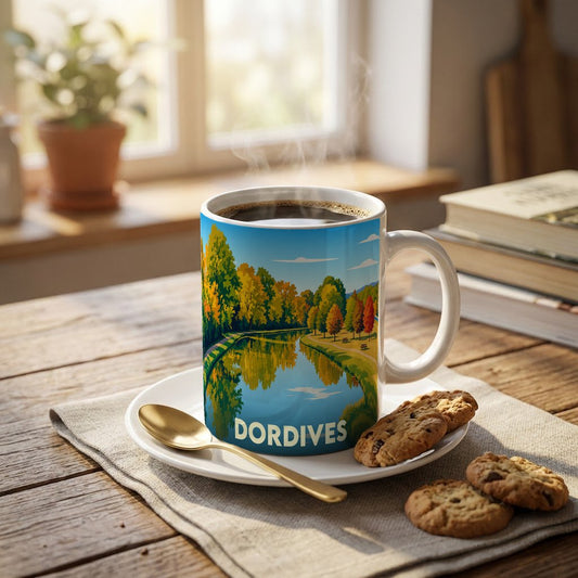 Mug souvenir de la ville de Dordives orné d'une illustration stylisée de son paysage automnal au bord de l'eau.