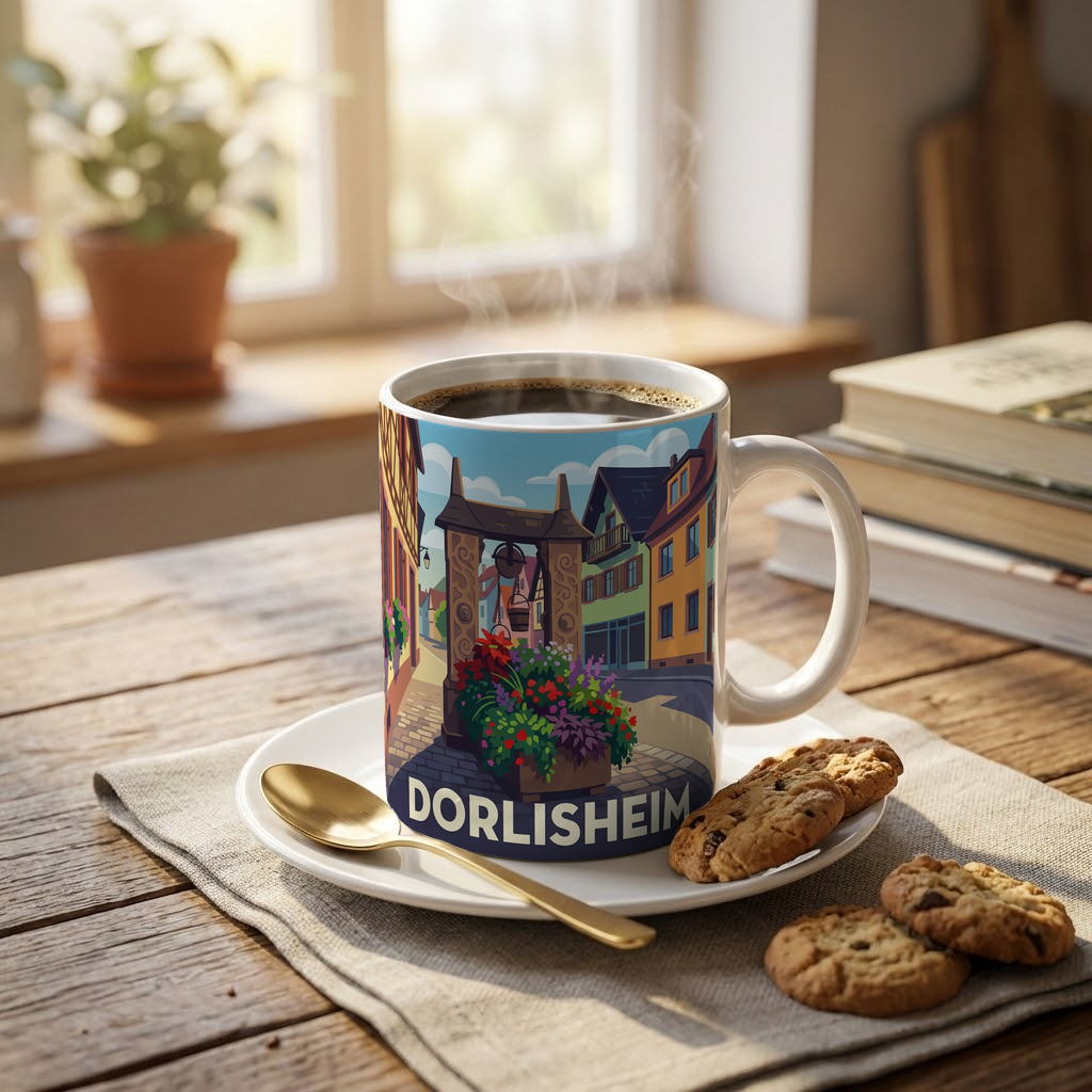 Mug souvenir de la ville de Dorlisheim avec une illustration stylisée et colorée.