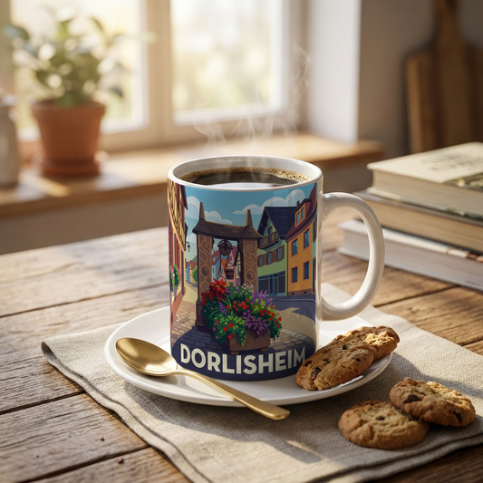 Mug souvenir de la ville de Dorlisheim avec une illustration stylisée et colorée.