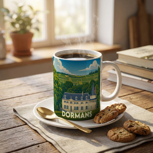 Mug souvenir de la ville de Dormans orné d'une illustration stylisée d'un château et de vignobles.