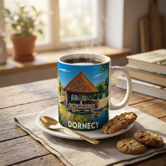 Mug souvenir de la ville de Dornecy avec une illustration stylisée d'un lavoir traditionnel.